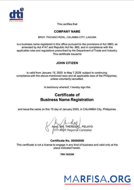 Printable Philippines Calamba certificate of business name registration Word and PDF template